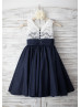 Navy Blue Taffeta Ivory Lace V Back Knee Length Flower Girl Dress